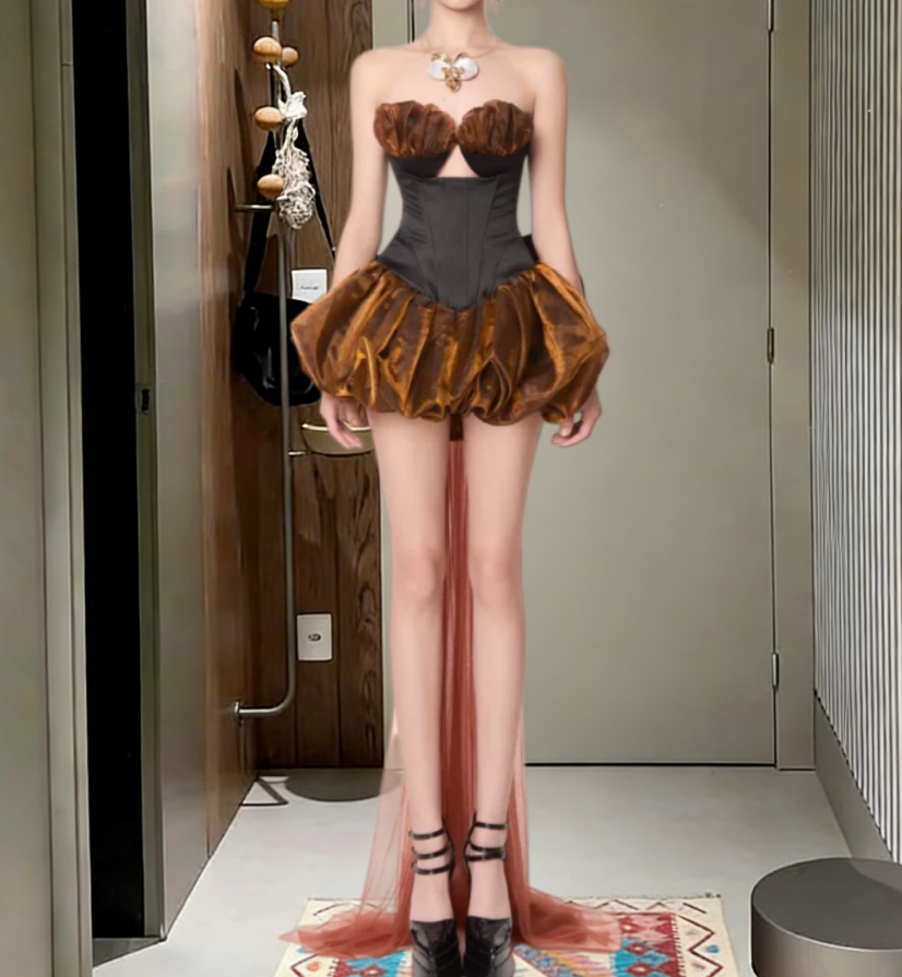Y2K Strapless Brown Homecoming Dress Bow Train A-Line Party Dress C9307