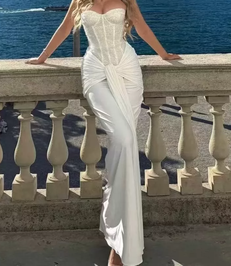 Robe de bal de princesse bustier à volants en satin long, robe de soirée C8117