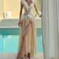 Charming V Neck Beige Prom Dress Slit Ruffled Lace A-Line Evening Dress C9311
