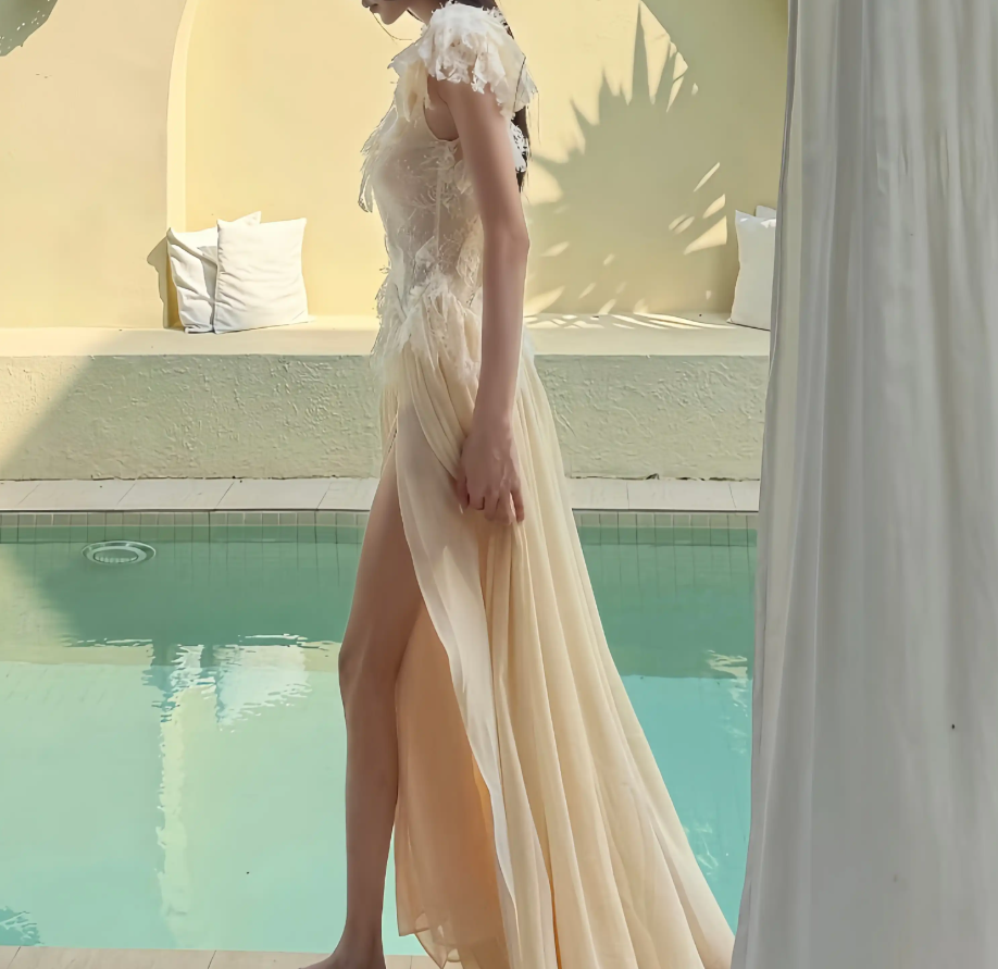Charming V Neck Beige Prom Dress Slit Ruffled Lace A-Line Evening Dress C9311