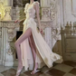 Charming V Neck Beige Prom Dress Slit Ruffled Lace A-Line Evening Dress C9311