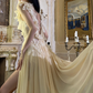 Charming V Neck Beige Prom Dress Slit Ruffled Lace A-Line Evening Dress C9311