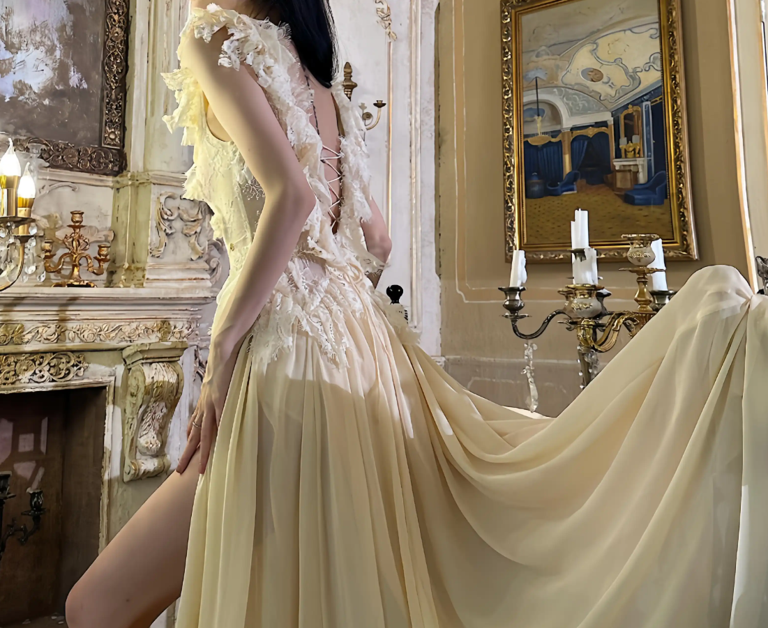 Charming V Neck Beige Prom Dress Slit Ruffled Lace A-Line Evening Dress C9311