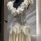 Charming V Neck Beige Prom Dress Slit Ruffled Lace A-Line Evening Dress C9311