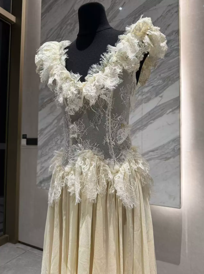 Charming V Neck Beige Prom Dress Slit Ruffled Lace A-Line Evening Dress C9311