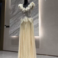 Charming V Neck Beige Prom Dress Slit Ruffled Lace A-Line Evening Dress C9311