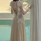 Charming V Neck Beige Prom Dress Slit Ruffled Lace A-Line Evening Dress C9311