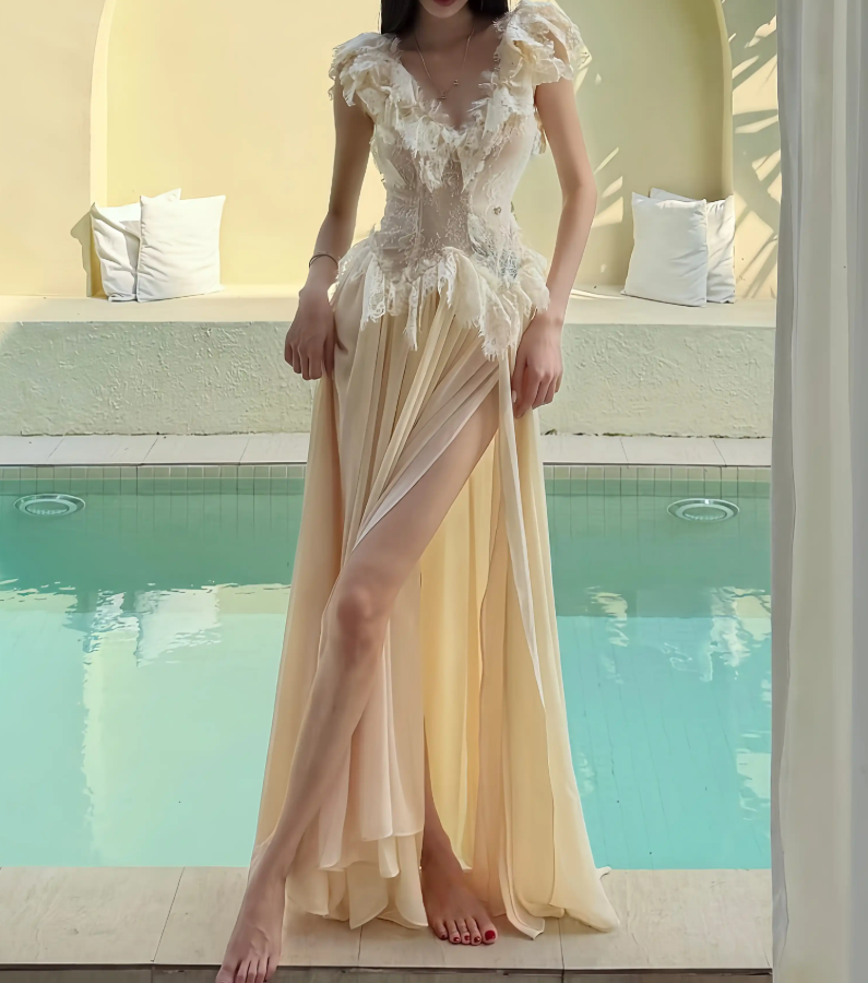 Charming V Neck Beige Prom Dress Slit Ruffled Lace A-Line Evening Dress C9311