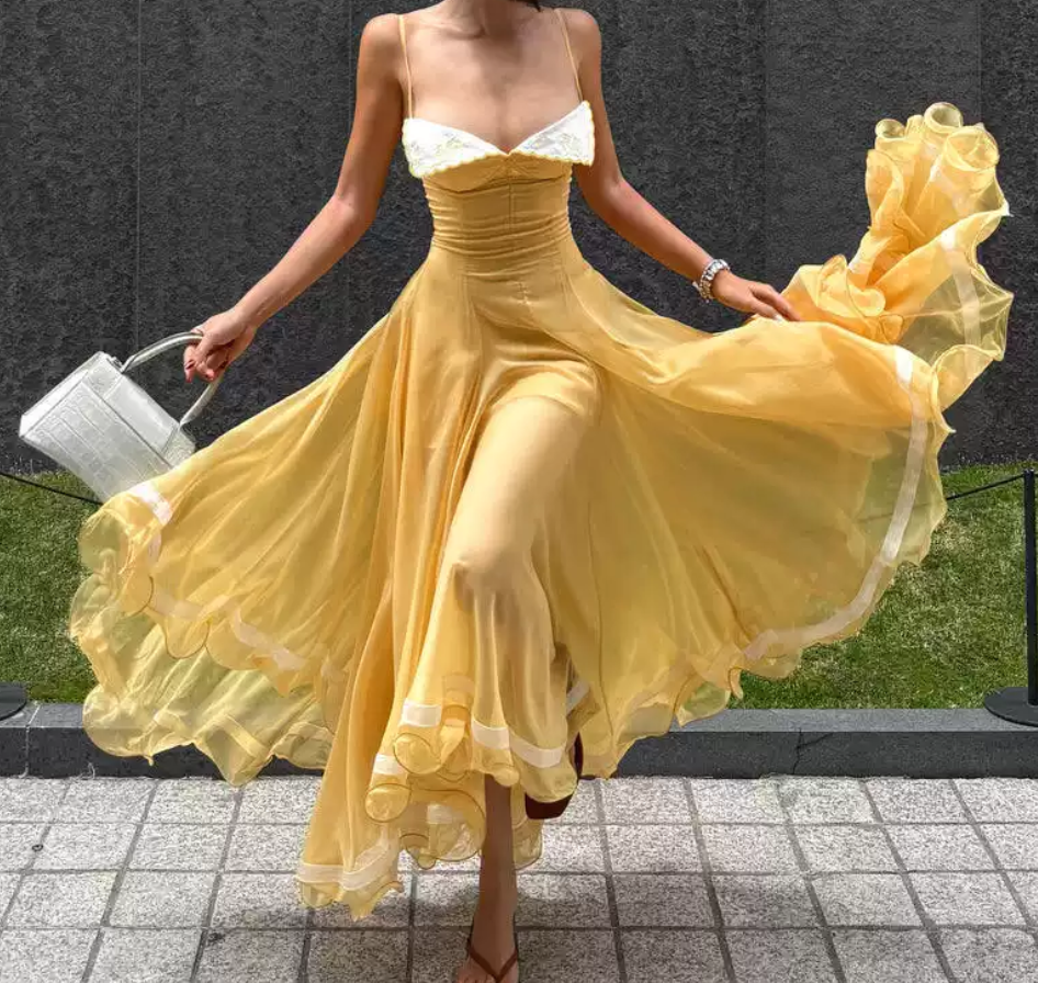 Charming Spaghetti Strap Prom Dress Lace Chiffon A-Line Evening Dress C9312