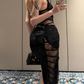 Playful Spaghetti Straps Prom Dress Black Lace Sheath Evening Dress C9313