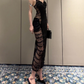 Playful Spaghetti Straps Prom Dress Black Lace Sheath Evening Dress C9313