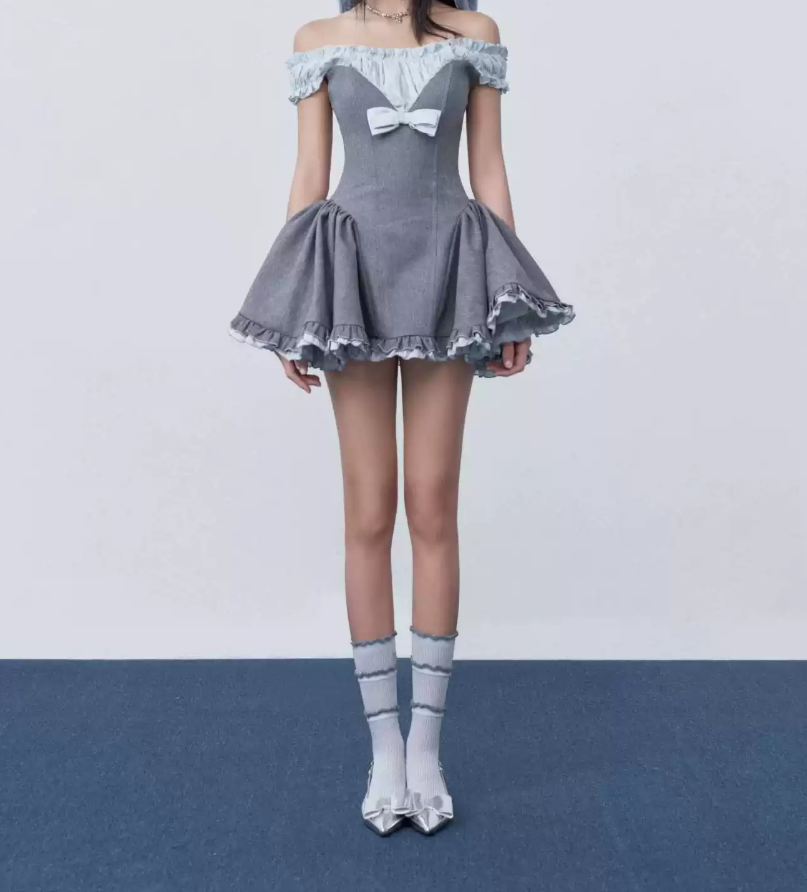 Classical Off-Shoulder Grey Homecoming Dress Ruffles Bow A-Line Party Dress C9316
