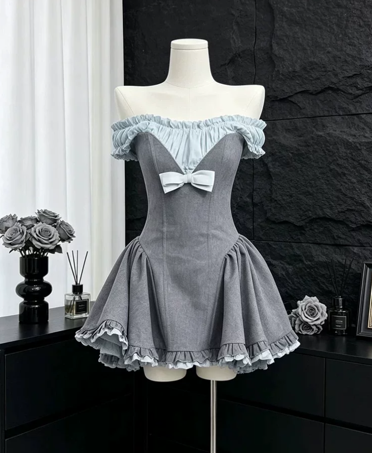 Classical Off-Shoulder Grey Homecoming Dress Ruffles Bow A-Line Party Dress C9316