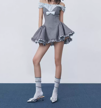 Classical Off-Shoulder Grey Homecoming Dress Ruffles Bow A-Line Party Dress C9316