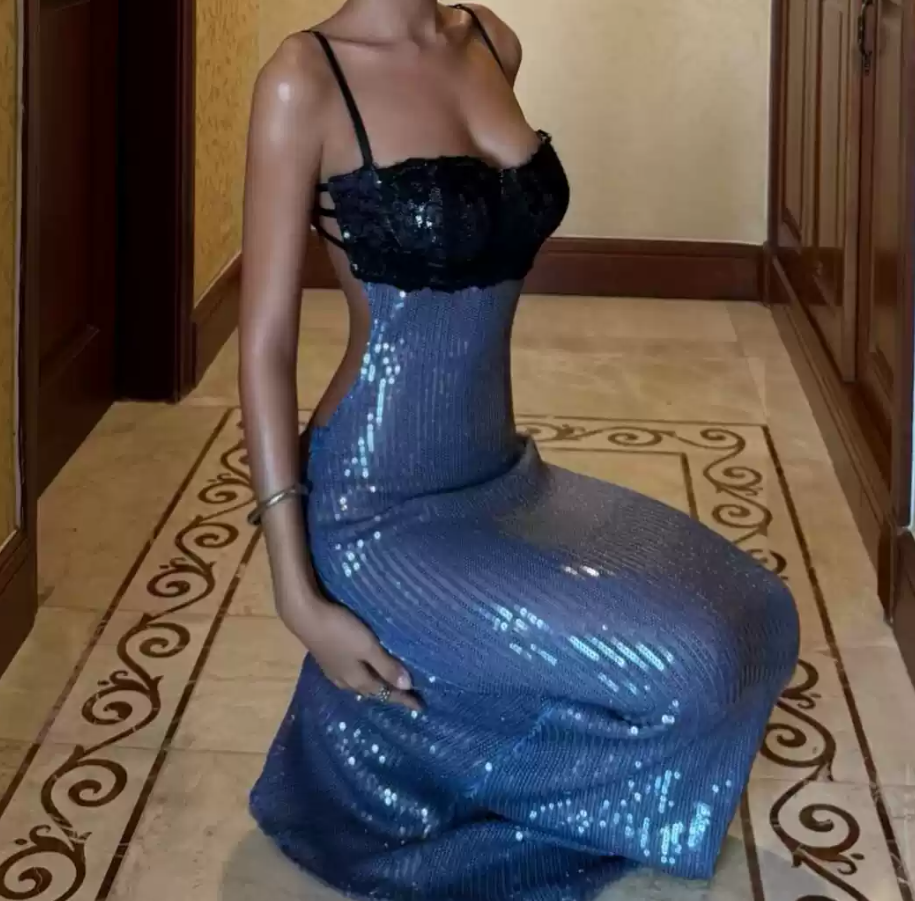 Alluring Spaghetti Straps Blue Prom Dress Sequins Backless Mermaid Evening Dress C9318