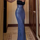 Alluring Spaghetti Straps Blue Prom Dress Sequins Backless Mermaid Evening Dress C9318