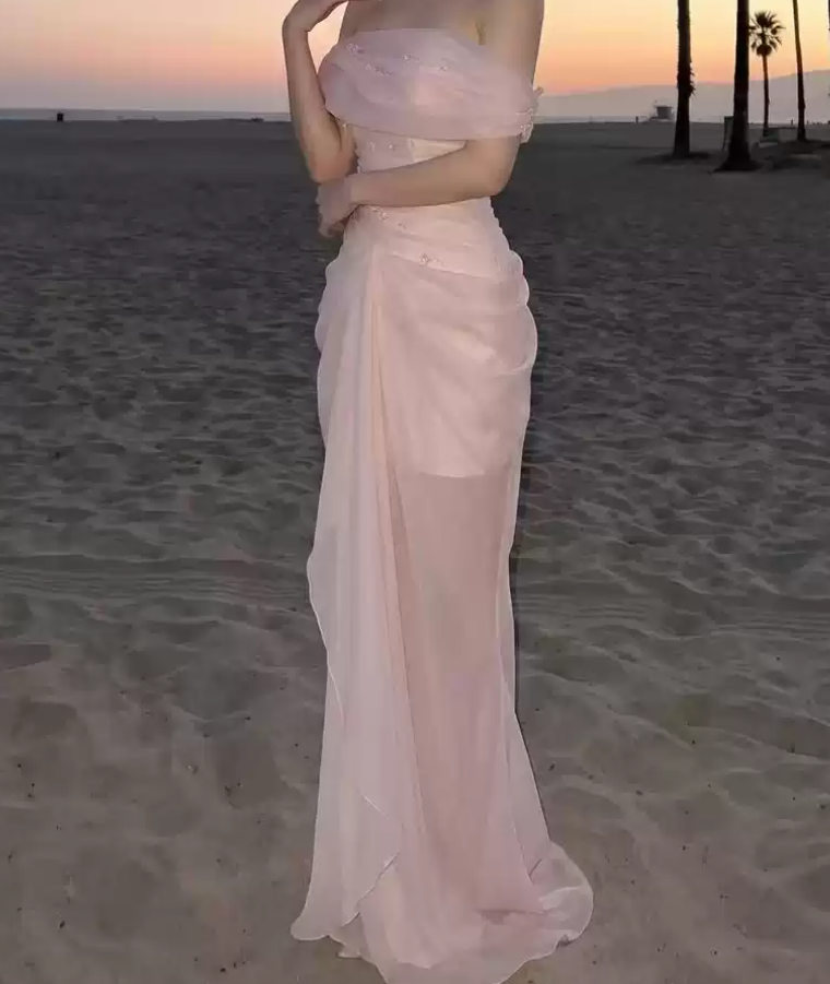 Glam Off-Shoulder Beaded Prom Dress Pink Tulle Mermaid Evening Dress C9319