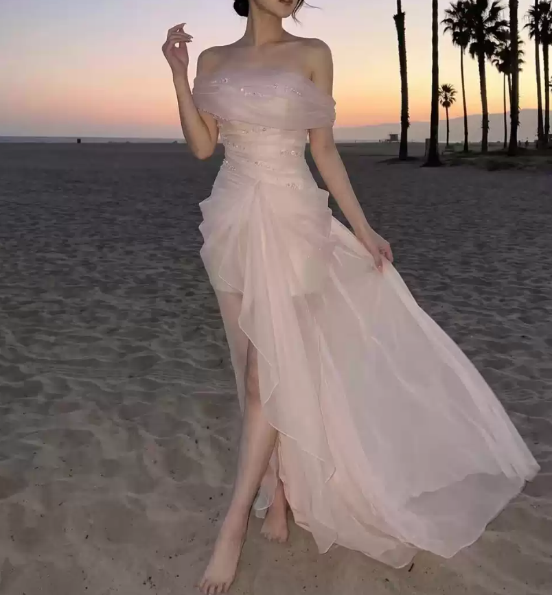 Glam Off-Shoulder Beaded Prom Dress Pink Tulle Mermaid Evening Dress C9319