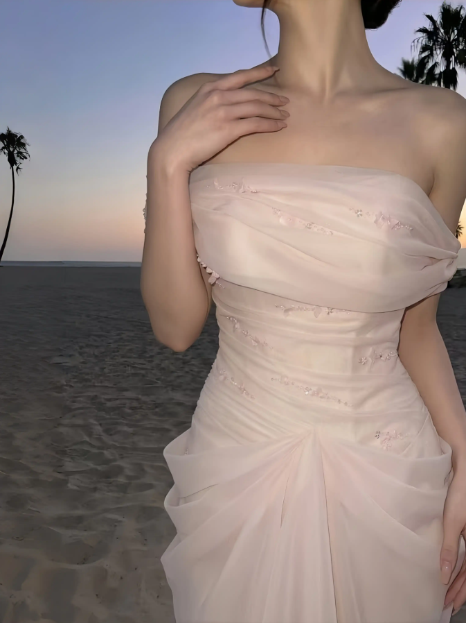 Glam Off-Shoulder Beaded Prom Dress Pink Tulle Mermaid Evening Dress C9319