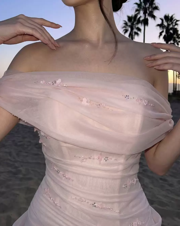 Glam Off-Shoulder Beaded Prom Dress Pink Tulle Mermaid Evening Dress C9319