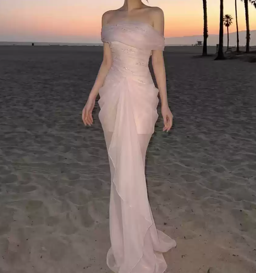 Glam Off-Shoulder Beaded Prom Dress Pink Tulle Mermaid Evening Dress C9319