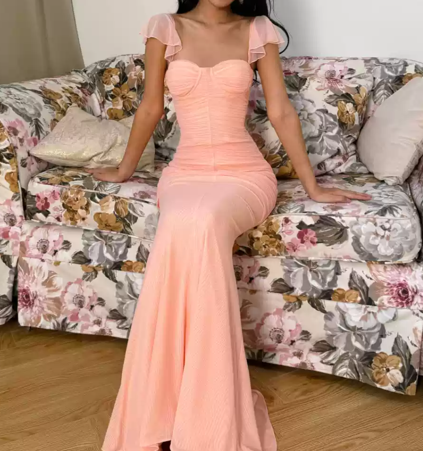 Playful Spaghetti Strap Prom Dress Pink Mermaid Evening Dress C9320