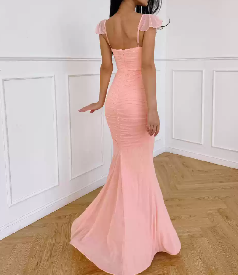 Playful Spaghetti Strap Prom Dress Pink Mermaid Evening Dress C9320