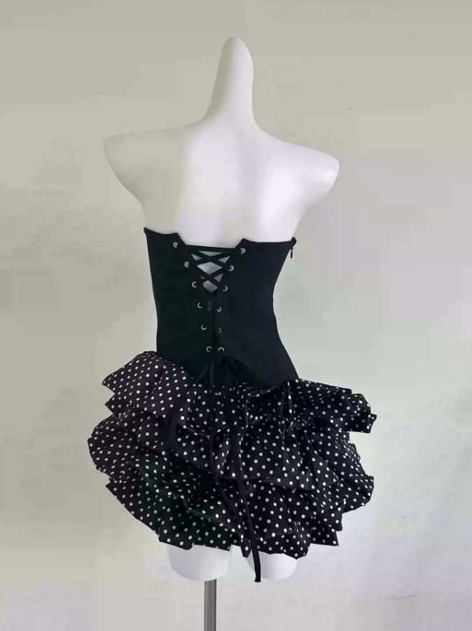 Cute Strapless Black Homecoming Dress Polka Dots A-Line Party Dress C9323
