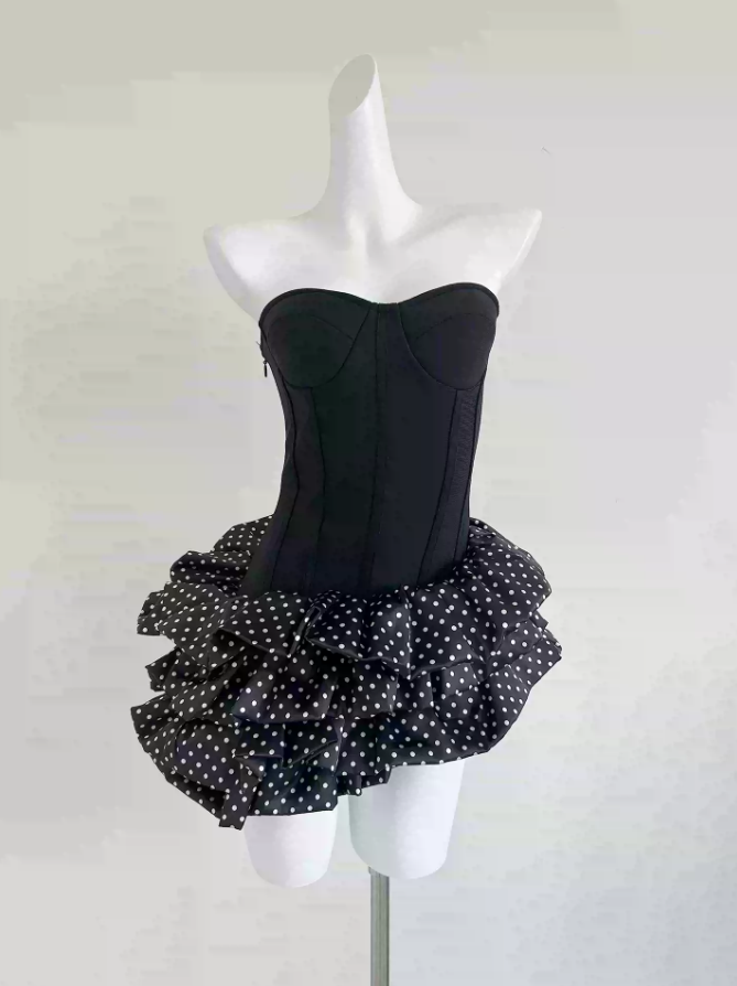 Cute Strapless Black Homecoming Dress Polka Dots A-Line Party Dress C9323