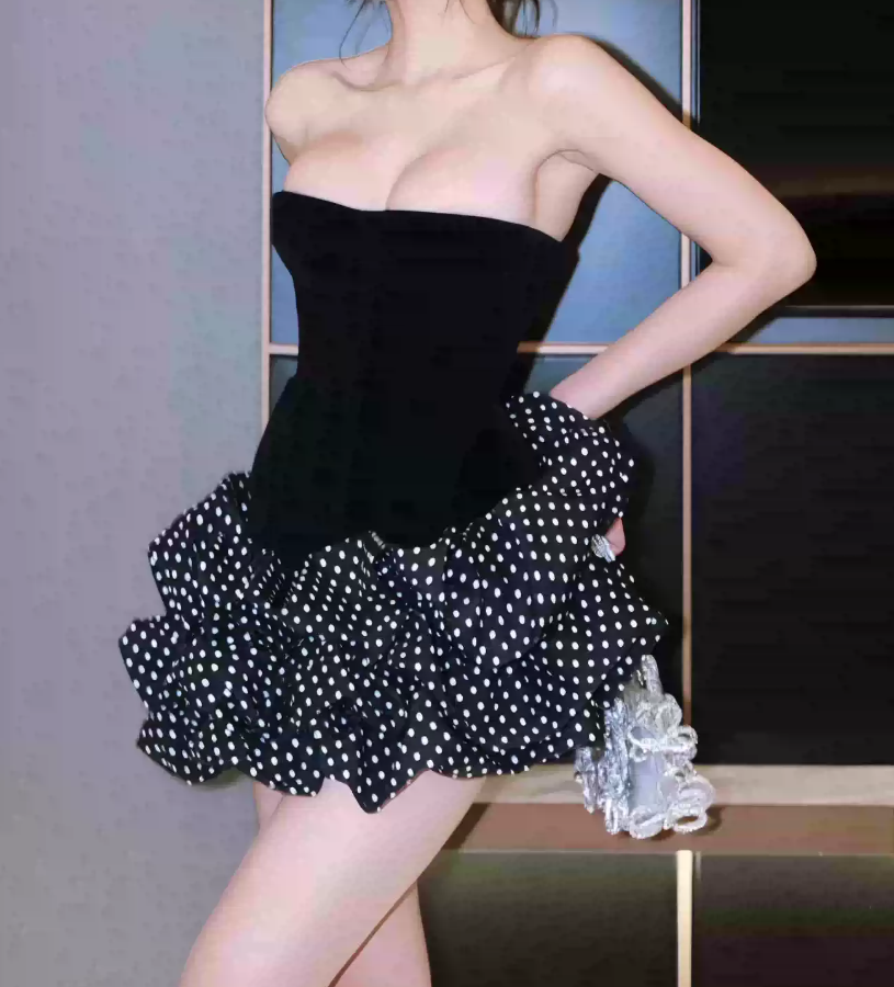 Cute Strapless Black Homecoming Dress Polka Dots A-Line Party Dress C9323