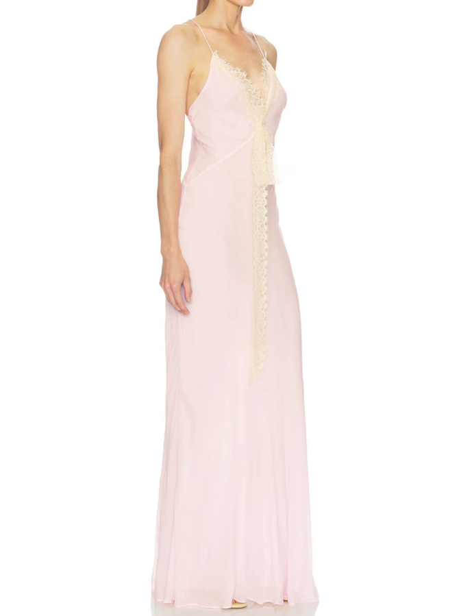 Sweet Spaghetti Strap Pink Prom Dress Chiffon Lace A-Line Evening Dress C9325