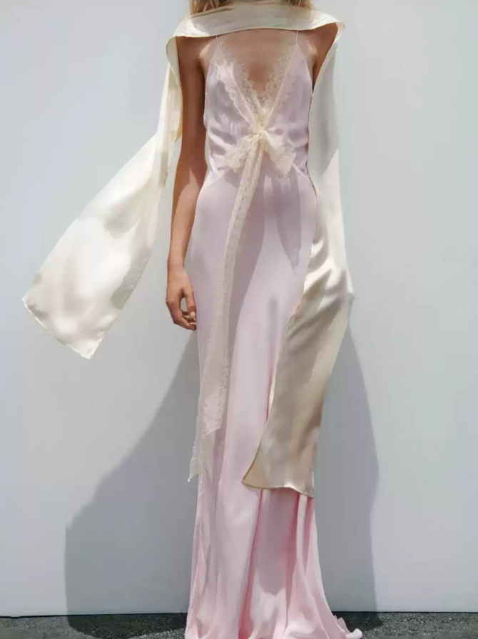 Sweet Spaghetti Strap Pink Prom Dress Chiffon Lace A-Line Evening Dress C9325