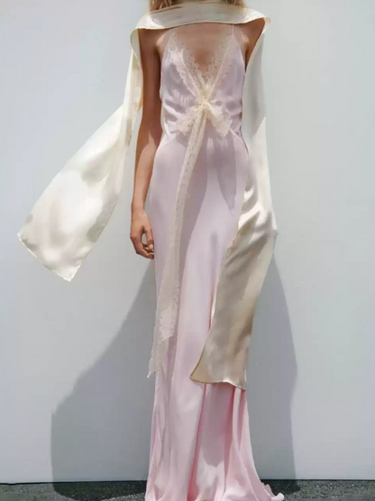 Sweet Spaghetti Strap Pink Prom Dress Chiffon Lace A-Line Evening Dress C9325