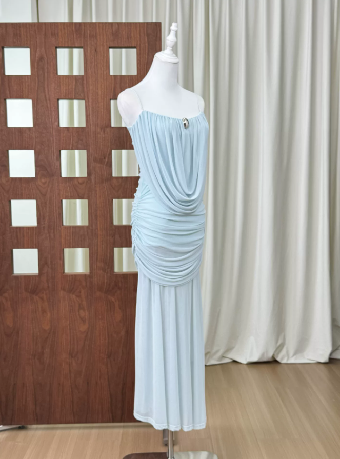 Trendy Spaghetti Strap Prom Dress Draped Chiffon Mermaid Evening Dress C9327