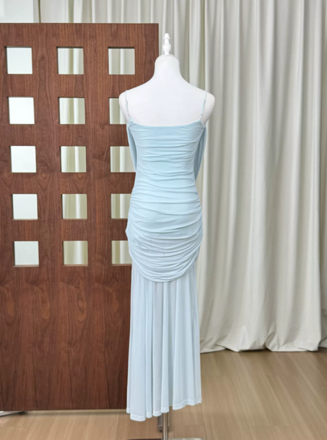 Trendy Spaghetti Strap Prom Dress Draped Chiffon Mermaid Evening Dress C9327