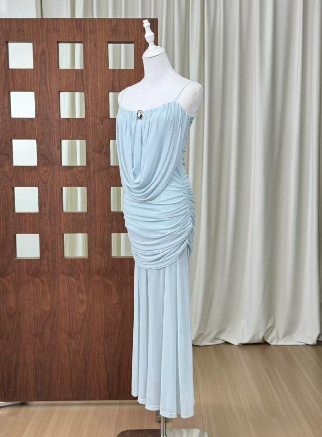 Trendy Spaghetti Strap Prom Dress Draped Chiffon Mermaid Evening Dress C9327