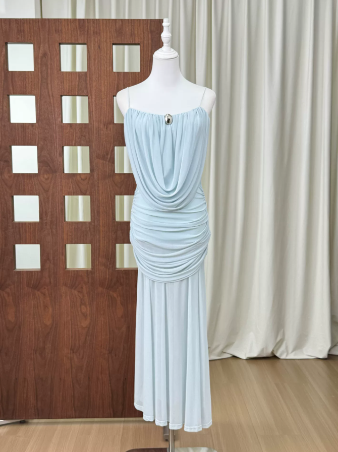 Trendy Spaghetti Strap Prom Dress Draped Chiffon Mermaid Evening Dress C9327