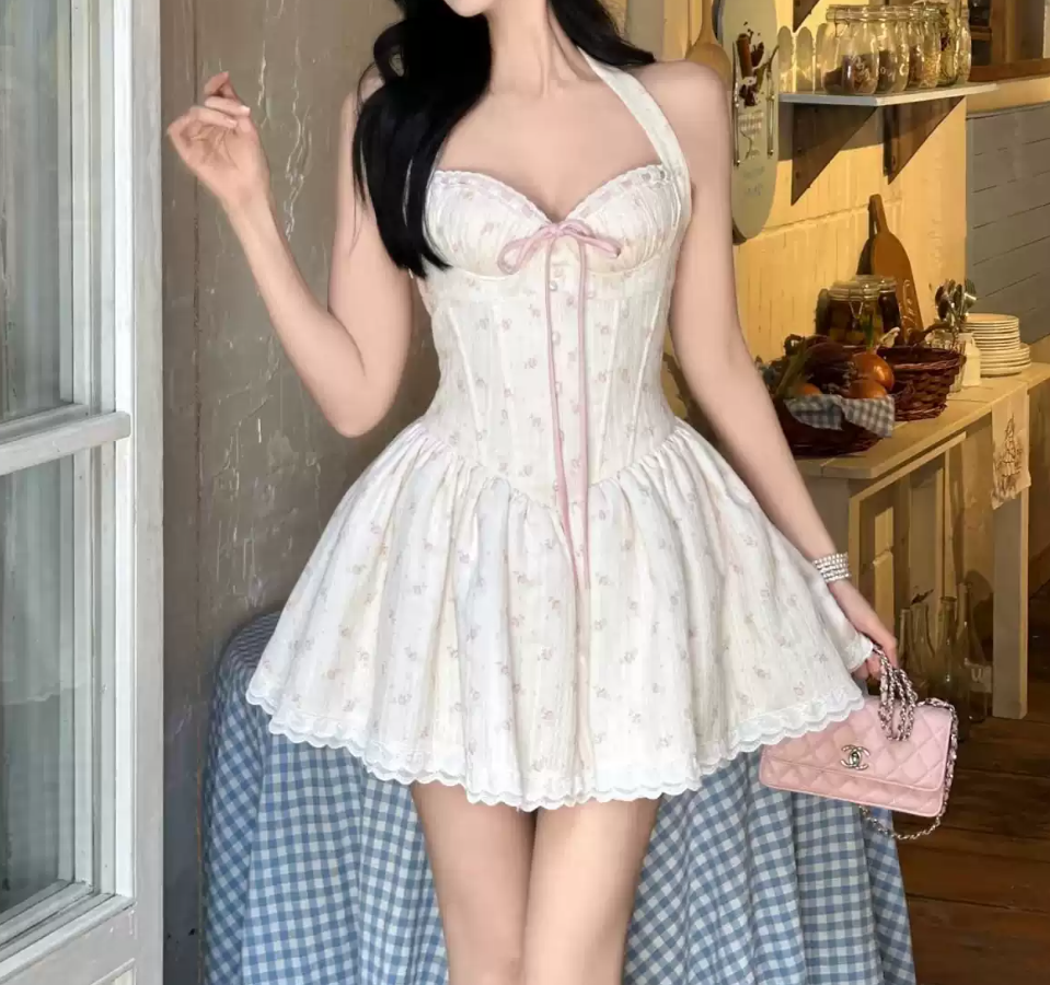 Lovely Halter Neck White Homecoming Dress Floral A-Line Party Dress C9328