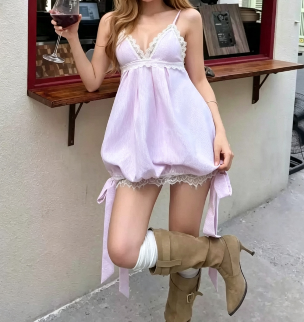 Playful Spaghetti Straps Purple Homecoming Dress Lace Bows A-Line Party Dress C9333