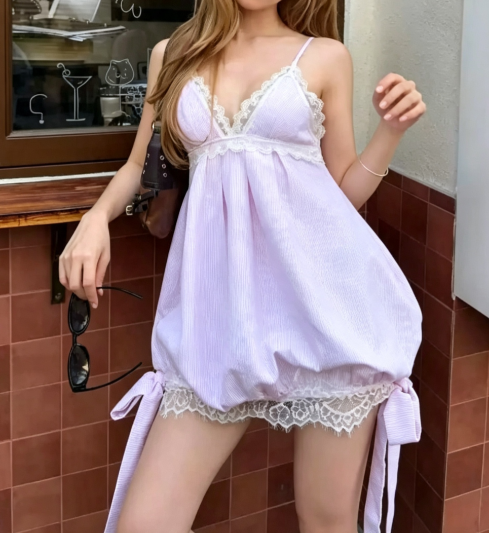 Playful Spaghetti Straps Purple Homecoming Dress Lace Bows A-Line Party Dress C9333