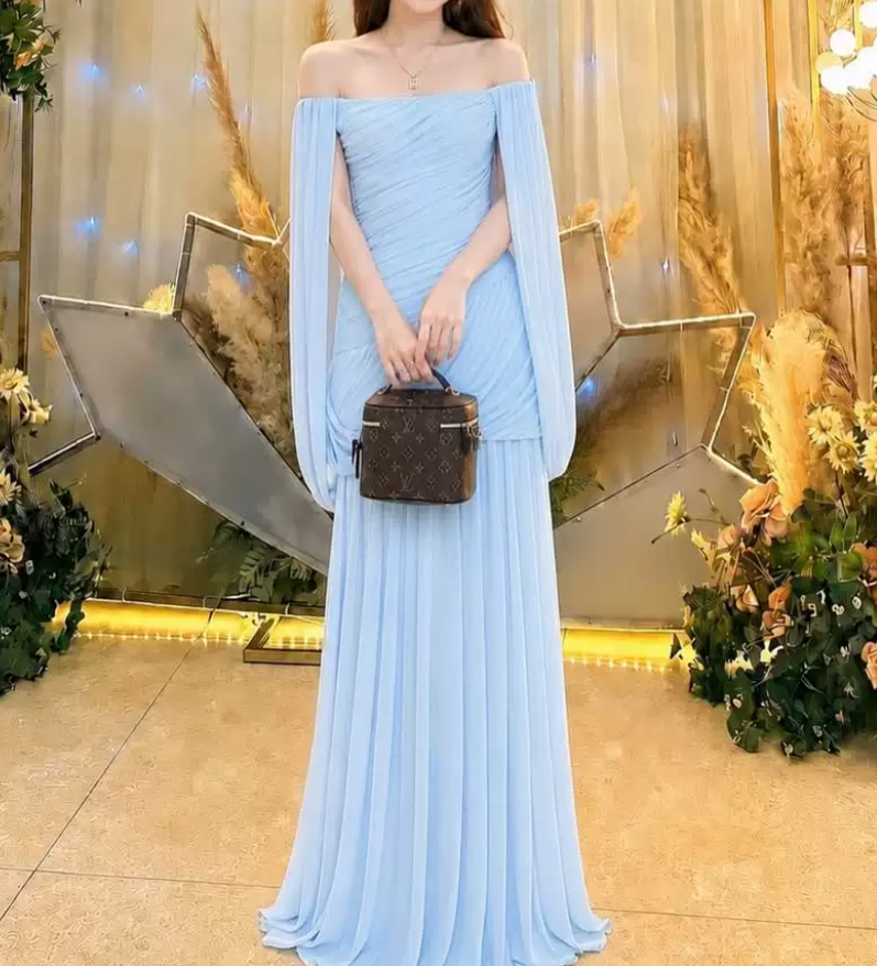 Attractive Off-Shoulder Prom Dress Draped Chiffon A-Line Evening Dress C9335