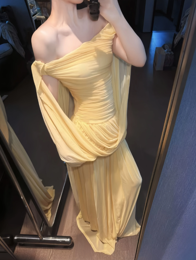 Attractive Off-Shoulder Prom Dress Draped Chiffon A-Line Evening Dress C9335