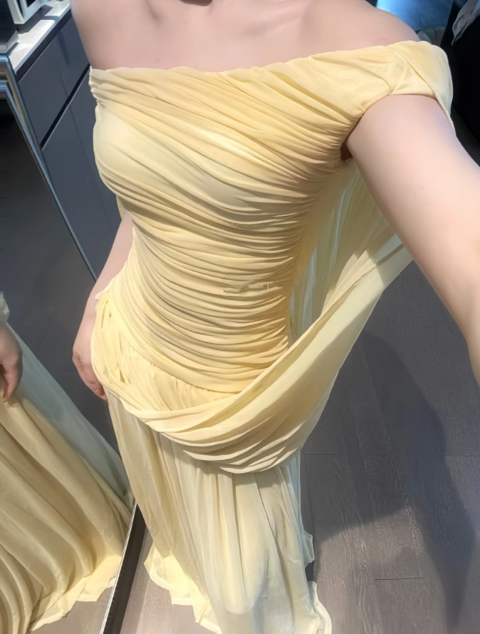 Attractive Off-Shoulder Prom Dress Draped Chiffon A-Line Evening Dress C9335