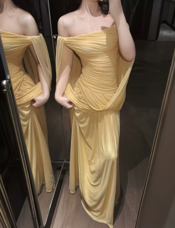 Attractive Off-Shoulder Prom Dress Draped Chiffon A-Line Evening Dress C9335