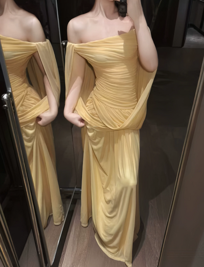 Attractive Off-Shoulder Prom Dress Draped Chiffon A-Line Evening Dress C9335