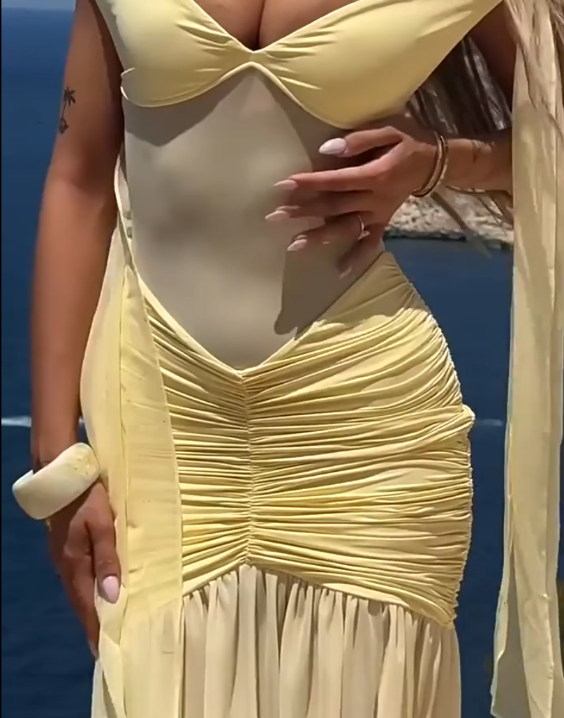 Sleek Off-Shoulder Yellow Prom Dress Chiffon Slit A-Line Evening Dress C9336