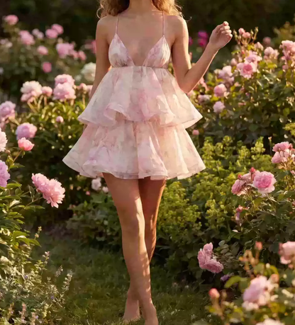 Sweet Spaghetti Straps Pink Homecoming Dress Floral Tiered A-Line Party Dress C9339