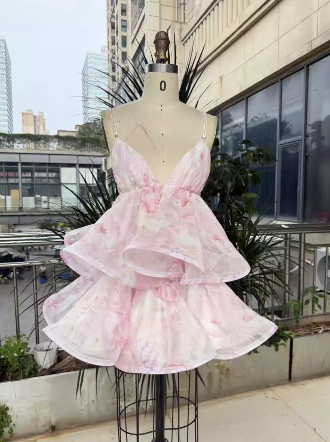 Sweet Spaghetti Straps Pink Homecoming Dress Floral Tiered A-Line Party Dress C9339