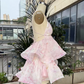 Sweet Spaghetti Straps Pink Homecoming Dress Floral Tiered A-Line Party Dress C9339