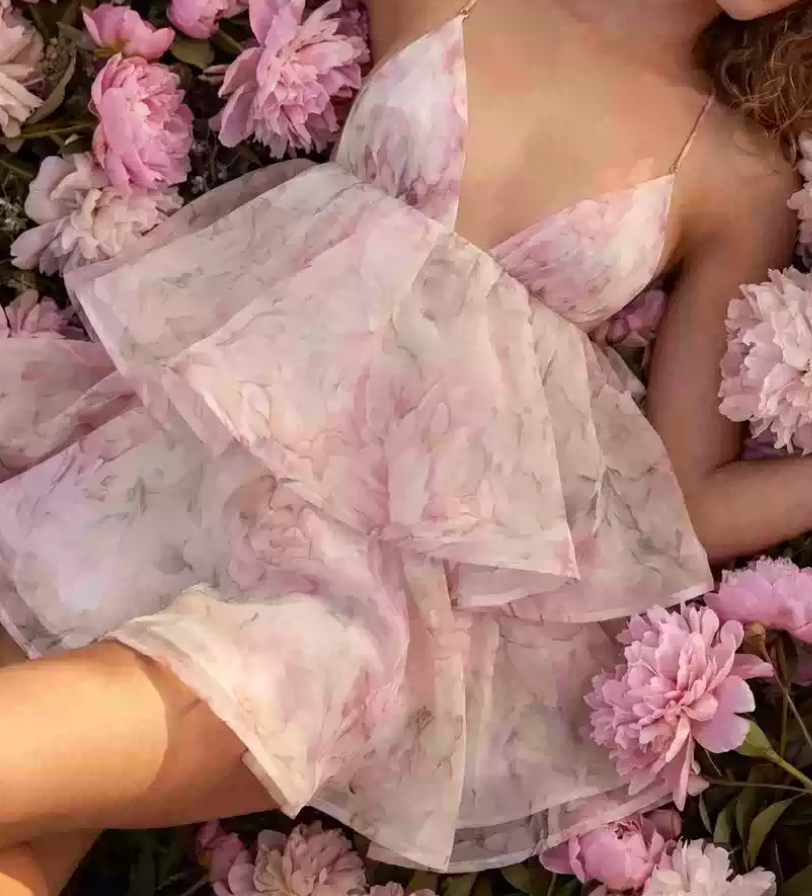 Sweet Spaghetti Straps Pink Homecoming Dress Floral Tiered A-Line Party Dress C9339